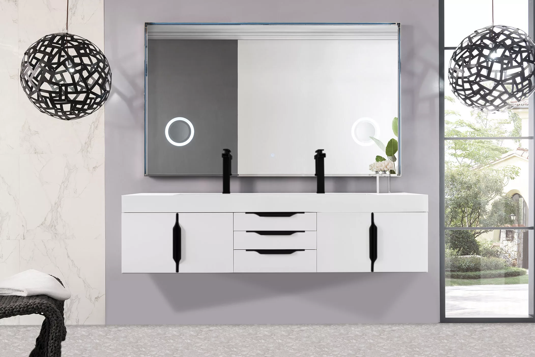Mercer Island 72" Double Vanity, Glossy White, Matte Black w/ Glossy White Composite Stone Top - Image 2