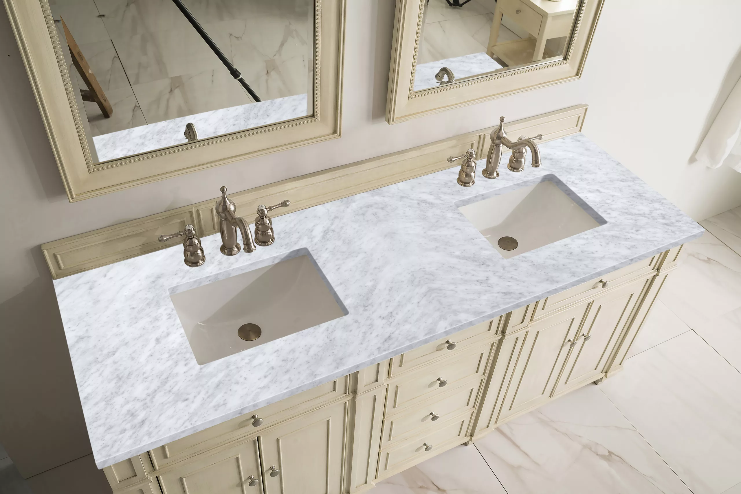 Bristol 72" Double Vanity, Vintage Vanilla w/ 3 CM Carrara Marble Top - Image 2