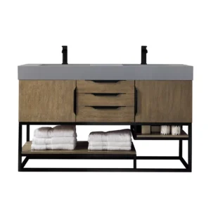 Columbia 59″ Double Vanity, Latte Oak, Matte Black w/ Dusk Grey Glossy Composite Stone Top
