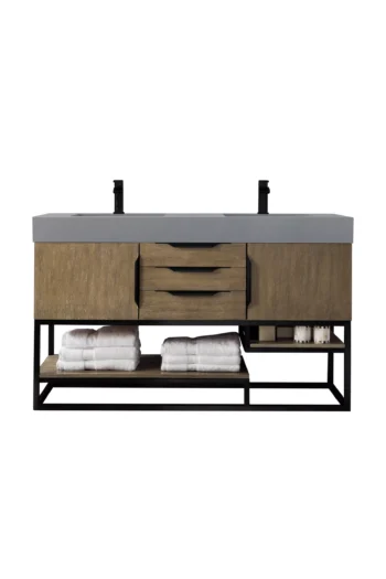 Columbia 59" Double Vanity, Latte Oak, Matte Black w/ Dusk Grey Glossy Composite Stone Top