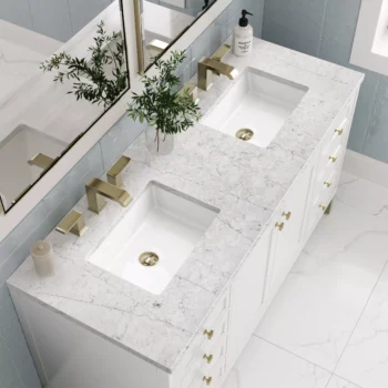 Chicago 60" Double Vanity, Glossy White w/ 3 CM Eternal Jasmine Pearl Top - Image 4