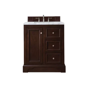 De Soto 30" Single Vanity, Burnished Mahogany w/ 3 CM Carrara Marble Top