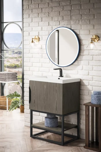 Columbia 24" Single Vanity, Ash Gray, Matte Black w/ White Glossy Composite Stone Top - Image 3