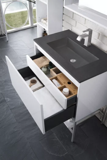 Milan 31.5" Single Vanity, Glossy White, Brushed Nickel w/ Charcoal Black Composite Stone Top - Image 3