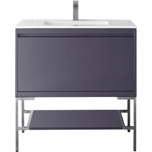 Milan 35.4″ Single Vanity, Modern Gray Glossy, Brushed Nickel w/ Glossy White Composite Stone Top