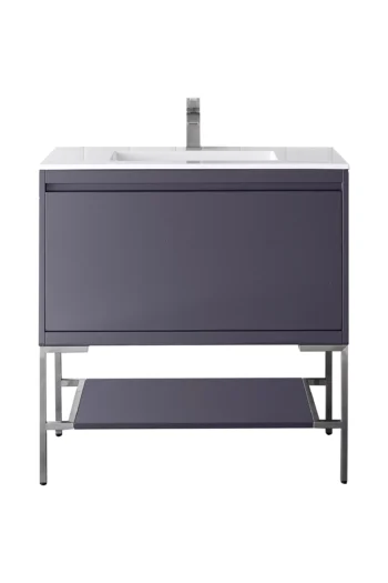 Milan 35.4" Single Vanity, Modern Gray Glossy, Brushed Nickel w/ Glossy White Composite Stone Top