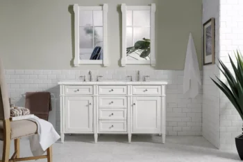 Brittany 60" Double Vanity, Bright White Vanity w/ 3 CM Eternal Jasmine Pearl Quartz Top - Image 2