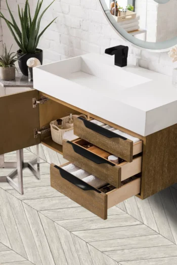 Mercer Island 36" Single Vanity, Latte Oak, Matte Black w/ Glossy White Composite Stone Top - Image 4