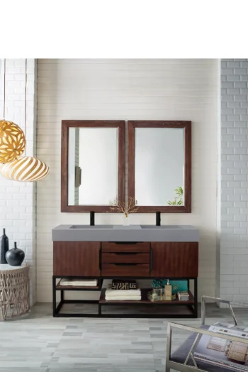 Columbia 59" Double Vanity, Coffee Oak, Matte Black w/ Dusk Grey Glossy Composite Stone Top - Image 2