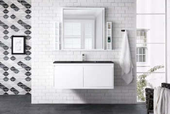 Milan 47.3" Single Vanity, Glossy White w/ Charcoal Black Composite Stone Top - Image 2