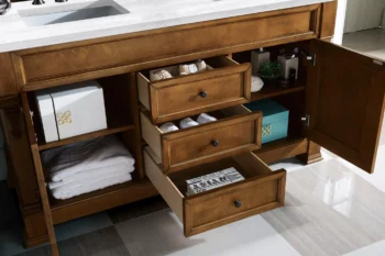 Brookfield 60" Double Vanity, Country Oak w/ 3 CM Arctic Fall Solid Surface Top - Image 4
