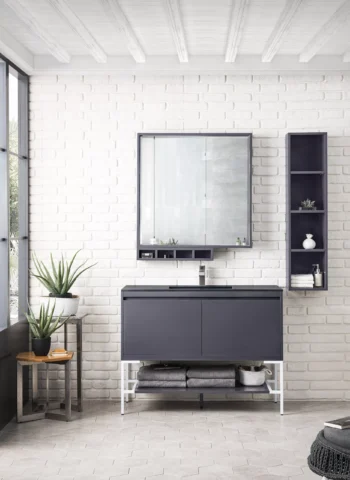 Milan 47.3" Single Vanity, Modern Gray Glossy, Glossy White w/ Charcoal Black Composite Stone Top - Image 2