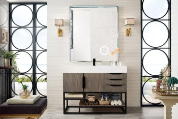 Columbia 48" Single Vanity, Ash Gray, Matte Black w/ Glossy White Composite Stone Top - Image 2