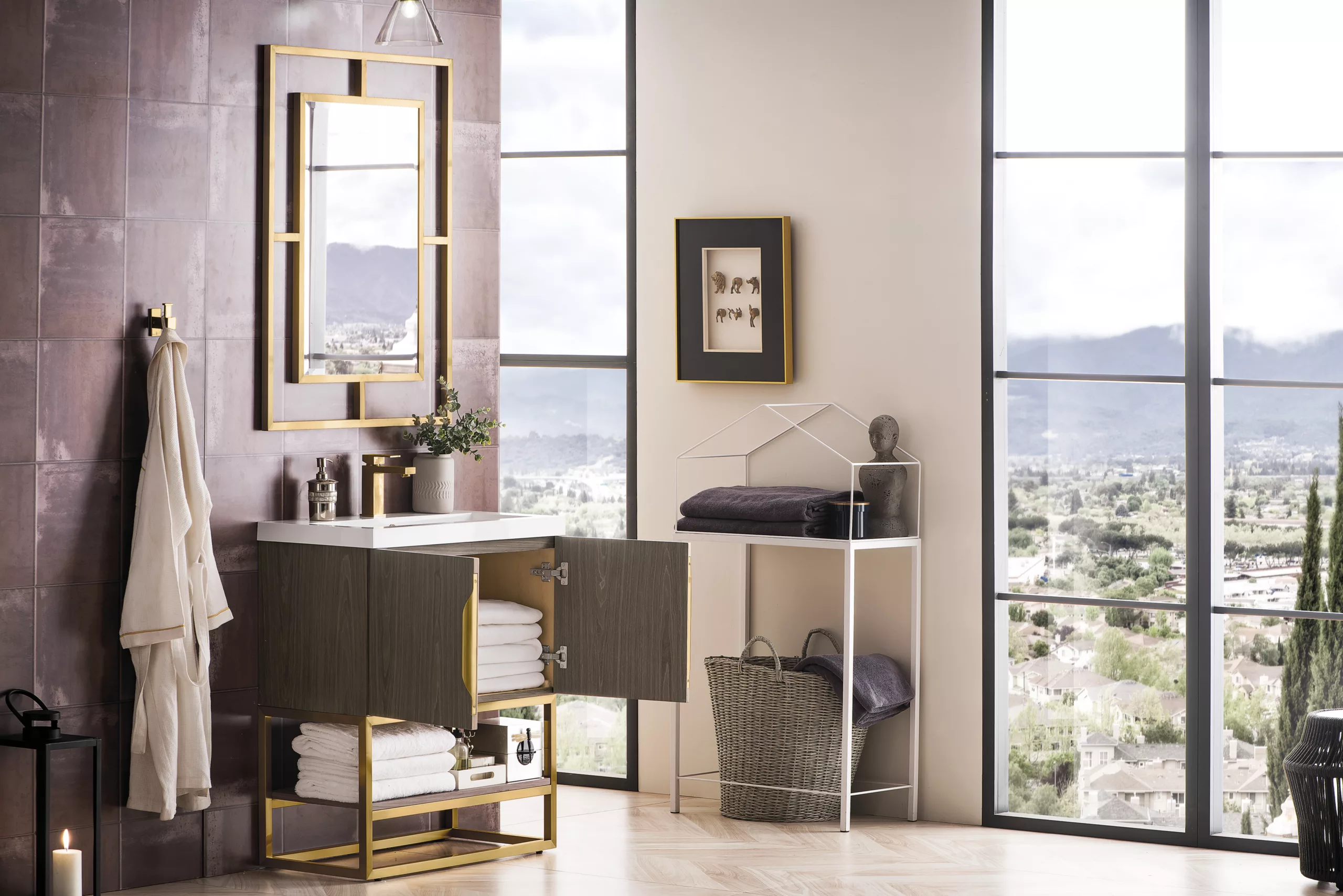 Columbia 31.5" Single Vanity, Ash Gray, Radiant Gold, w/ White Glossy Composite Stone Top - Image 4