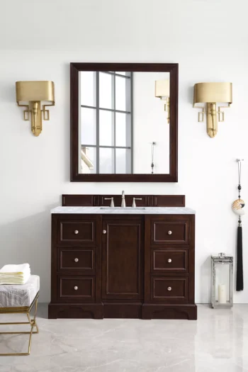 De Soto 48" Single Vanity, Burnished Mahogany w/ 3 CM Carrara Marble Top - Image 2