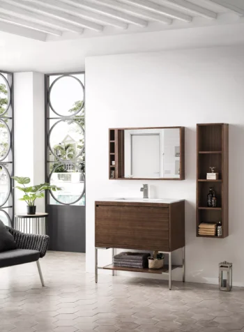 Mantova 35.4" Single Vanity, Mid-Century Walnut, Brushed Nickel Base w/ Glossy White Composite Stone Top - Image 3
