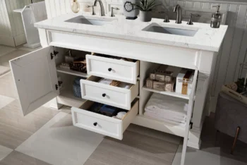 Brookfield 60" Double Vanity, Bright White w/ 3 CM Eternal Jasmine Pearl Quartz Top - Image 3