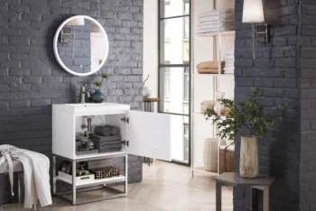 Columbia 24" Single Vanity, Glossy White, Brushed Nickel w/ White Glossy Composite Stone Top - Image 4