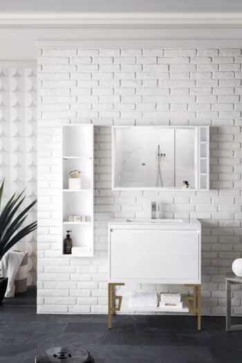 Milan 31.5" Single Vanity, Glossy White, Radiant Gold w/ Glossy White Composite Stone Top - Image 2