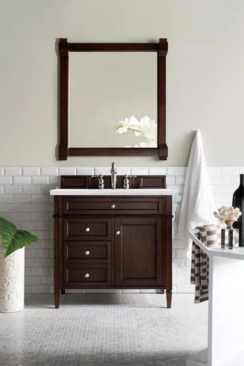 Brittany 36" Single Vanity, Burnished Mahogany w/ 3 CM Arctic Fall Solid Surface Top - Image 2