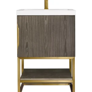 Columbia 24″ Single Vanity, Ash Gray, Radiant Gold w/ White Glossy Composite Stone Top