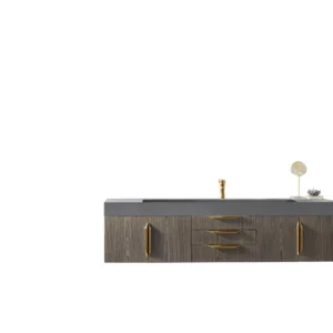 Mercer Island 72″ Single Vanity, Ash Gray, Radiant Gold w/ Dusk Grey Glossy Composite Stone Top