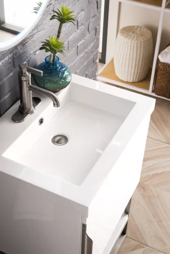Columbia 24" Single Vanity, Glossy White, Brushed Nickel w/ White Glossy Composite Stone Top - Image 5