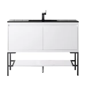 Milan 47.3″ Single Vanity, Glossy White, Matte Black w/ Charcoal Black Composite Stone Top
