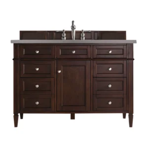 Brittany 48″ Single Vanity, Burnished Mahogany w/ 3 CM Grey Expo Quartz Top