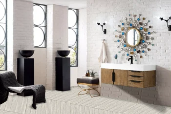 Mercer Island 48" Single Vanity, Latte Oak, Matte Black w/ Glossy White Composite Stone Top - Image 3