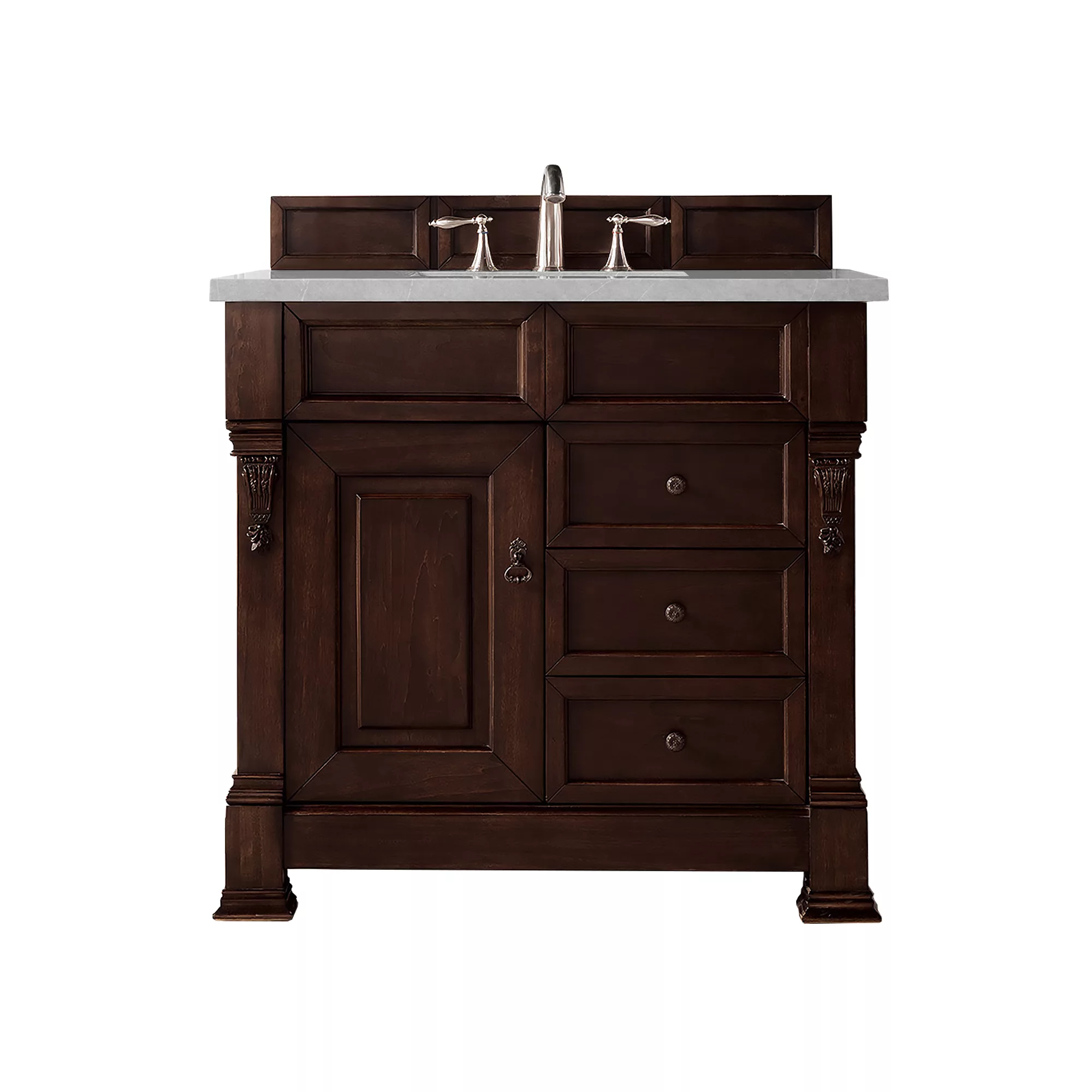 Brookfield 36" Single Vanity, Burnished Mahogany w/ 3 CM Eternal Serena Quartz Top
