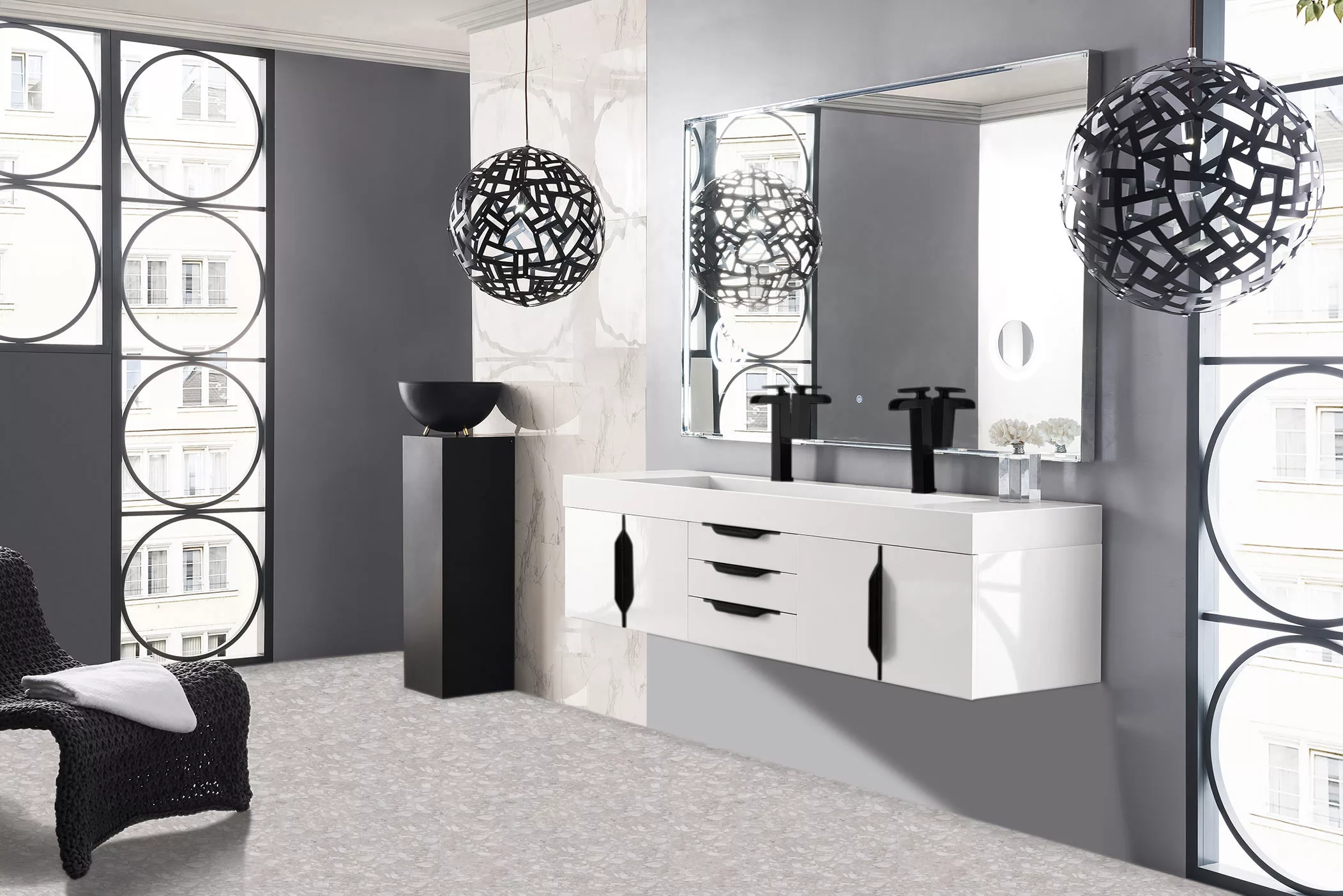 Mercer Island 72" Double Vanity, Glossy White, Matte Black w/ Glossy White Composite Stone Top - Image 3