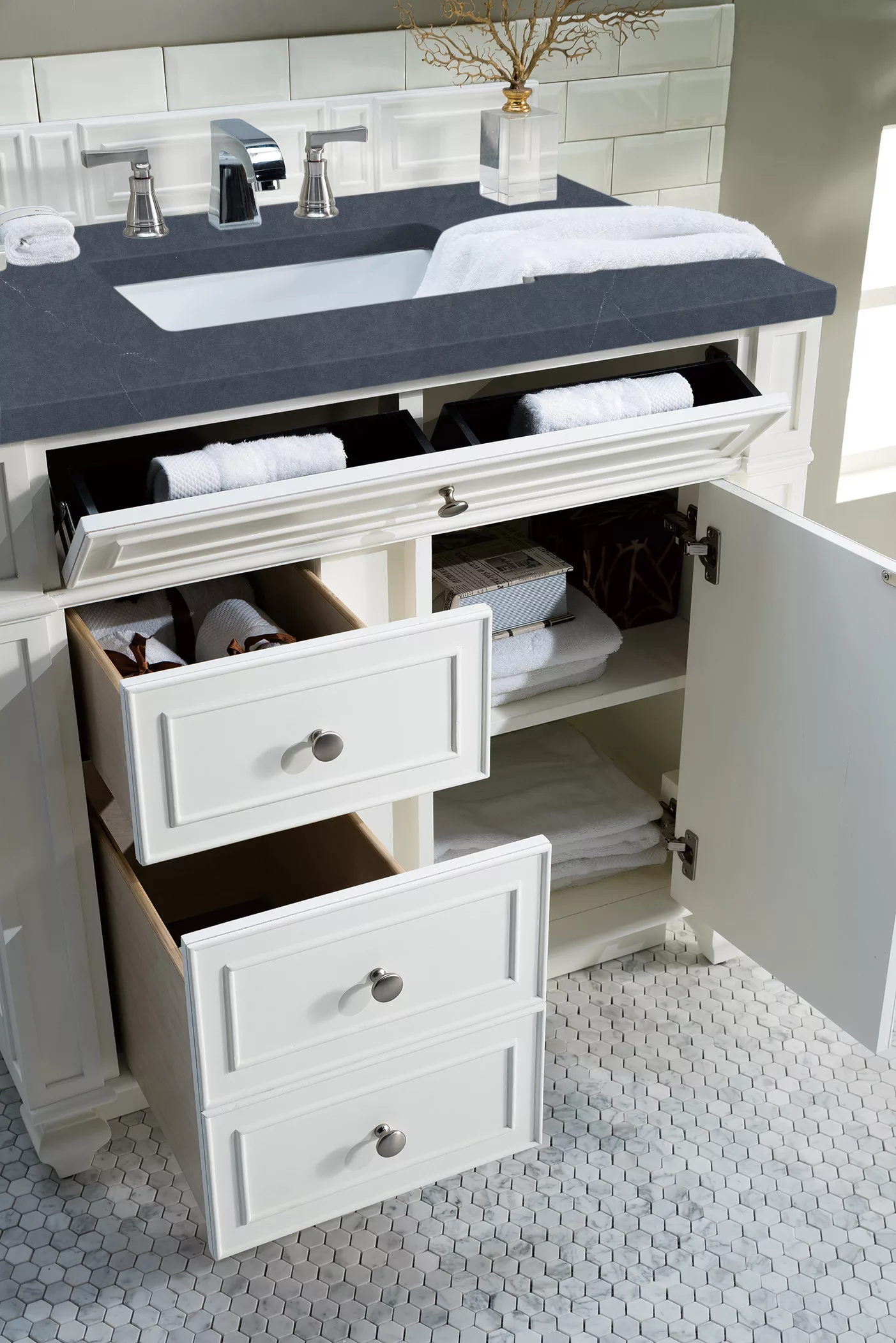 Bristol 36" Single Vanity, Bright White w/ 3 CM Charcoal Soapstone Quartz Top - Image 4