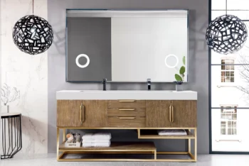 Columbia 72" Double Vanity, Latte Oak, Radiant Gold w/ Glossy White Composite Stone Top - Image 2
