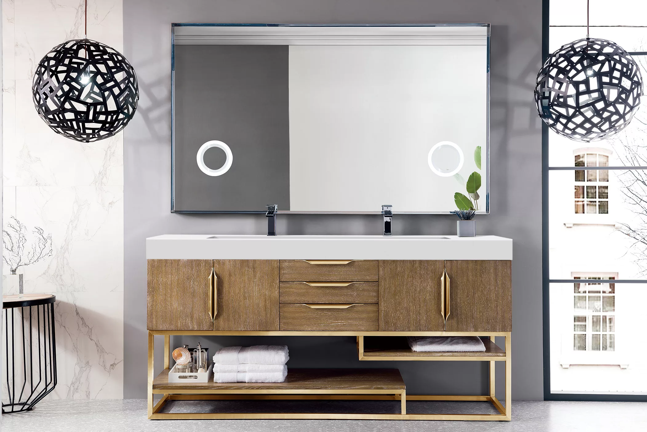 Columbia 72" Double Vanity, Latte Oak, Radiant Gold w/ Glossy White Composite Stone Top - Image 2