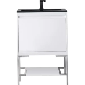 Milan 23.6″ Single Vanity, Glossy White, Brushed Nickel w/ Charcoal Black Composite Stone Top
