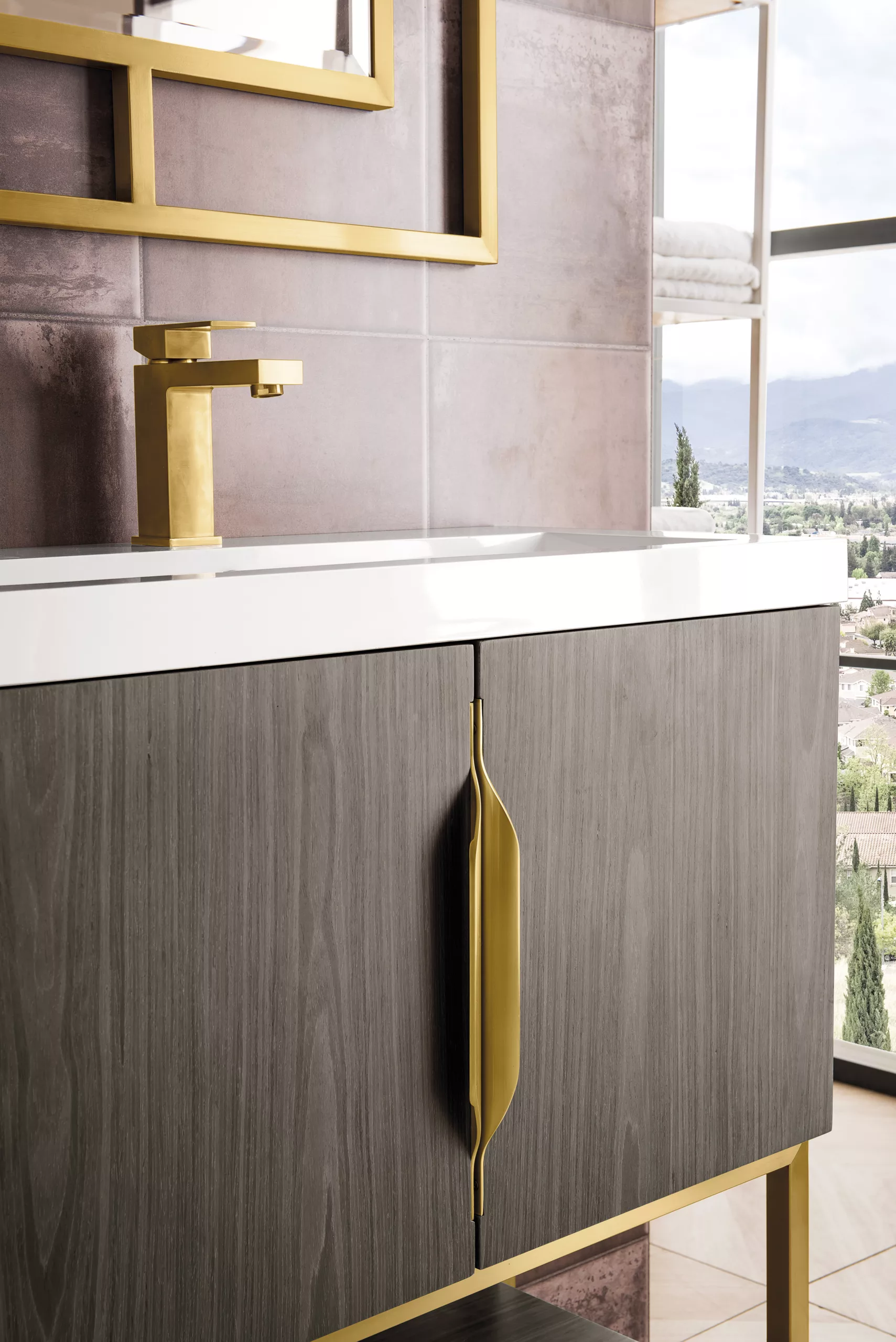 Columbia 31.5" Single Vanity, Ash Gray, Radiant Gold, w/ White Glossy Composite Stone Top - Image 6