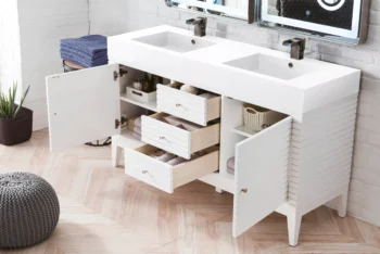 Linear 59" Double Vanity, Glossy White w/ Glossy White Composite Stone Top - Image 4