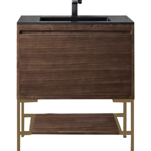 Milan 31.5″ Single Vanity, Mid-Century Walnut, Radiant Gold w/ Charcoal Black Composite Stone Top