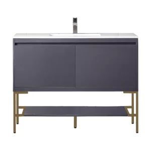 Milan 47.3″ Single Vanity, Modern Gray Glossy, Radiant Gold w/ Glossy White Composite Stone Top