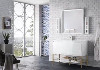Milan 47.3" Single Vanity, Glossy White, Radiant Gold w/ Glossy White Composite Stone Top - Image 3
