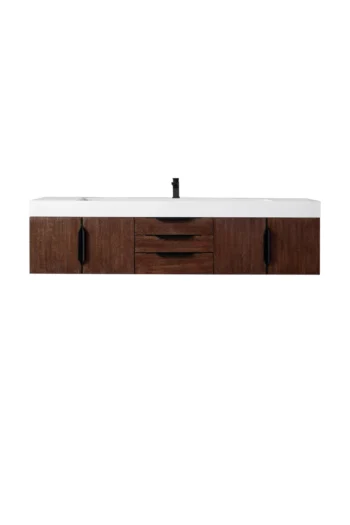 Mercer Island 72" Single Vanity, Coffee Oak, Matte Black w/ Glossy White Composite Stone Top