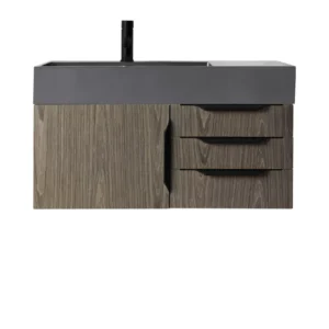 Mercer Island 36″ Single Vanity, Ash Gray, Matte Black w/ Dusk Grey Glossy Composite Stone Top