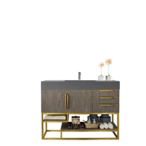 Columbia 48″ Single Vanity, Ash Gray, Radiant Gold w/ Dusk Grey Glossy Composite Stone Top