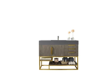 Columbia 48" Single Vanity, Ash Gray, Radiant Gold w/ Dusk Grey Glossy Composite Stone Top