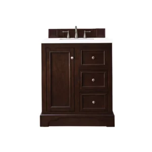 De Soto 30″ Single Vanity, Burnished Mahogany w/ 3 CM White Zeus Quartz Top