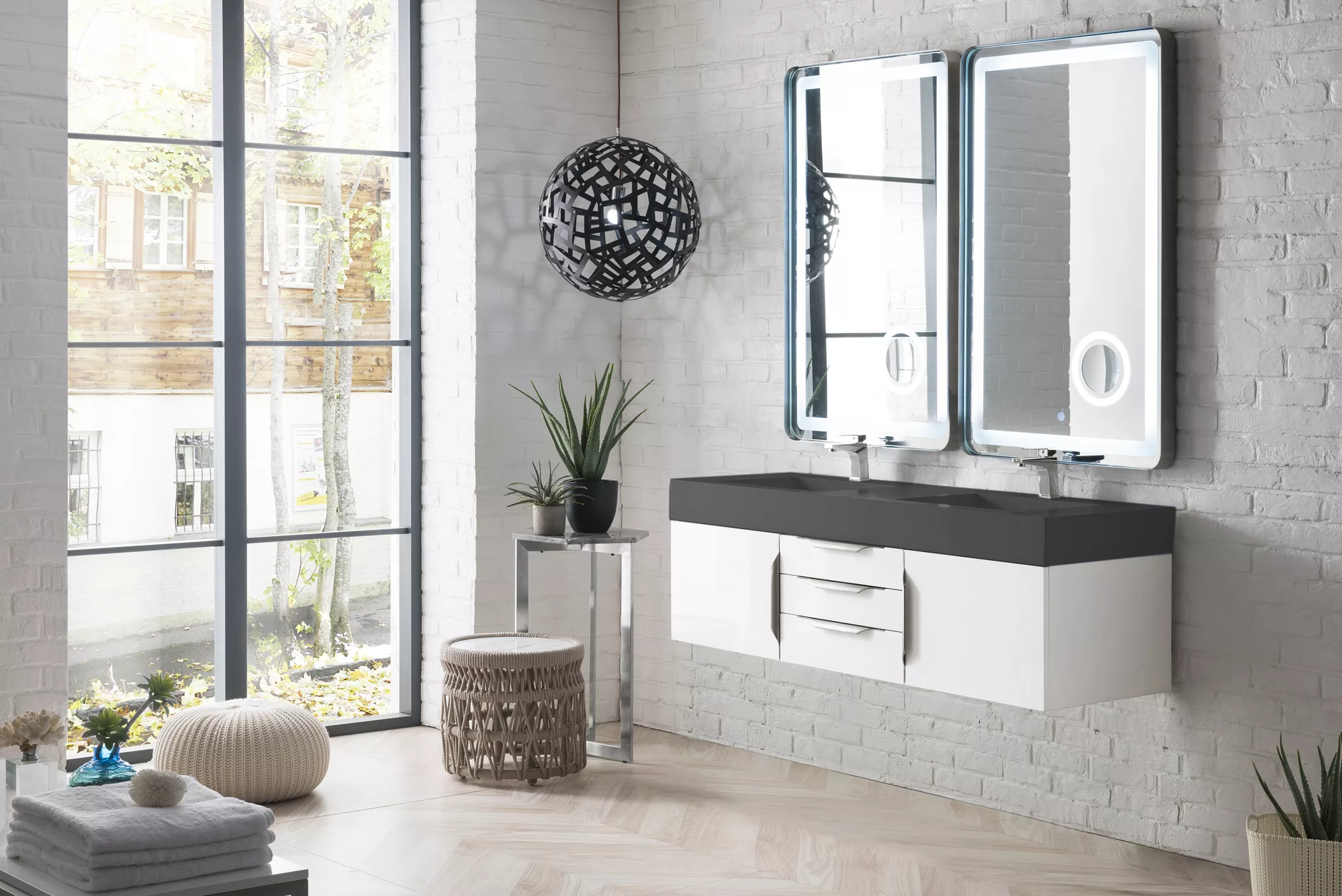 Mercer Island 59" Double Vanity, Glossy White w/ Dusk Grey Glossy Composite Stone Top - Image 3