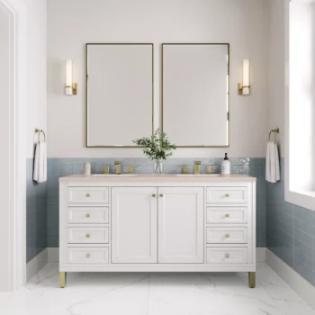 Chicago 60" Double Vanity, Glossy White w/ 3 CM Eternal Marfil Top - Image 2