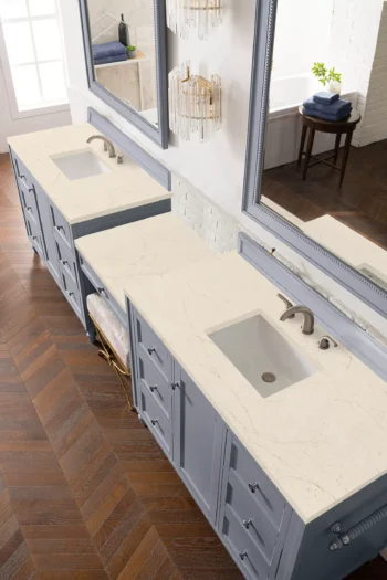 Copper Cove Encore 122" Double Vanity Set, Silver Gray w/ 3 CM Eternal Marfil Quartz Top - Image 3