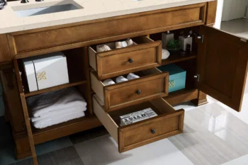 Brookfield 60" Double Vanity, Country Oak w/ 3 CM Eternal Marfil Quartz Top - Image 4